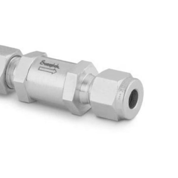 Stainless Steel Poppet Check Valve, Fixed Pressure, 10 mm Swagelok Tube Fitting, 1 psig (0.07 bar).  SS-10C-MM-1