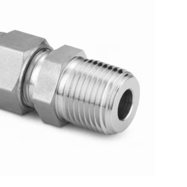Stainless Steel Swagelok Tube Fitting, Bored-Through Male Connector, 10 mm Tube OD x 1/2 in. Male ISO Tapered Thread.  SS-10M0-1-8RTBT