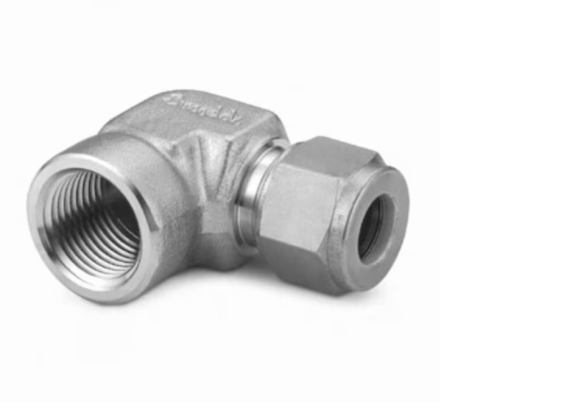 Stainless Steel Swagelok Tube Fitting, Female Elbow, 10 mm Tube OD x 1/4 in. Female NPT.  SS-10M0-8-4