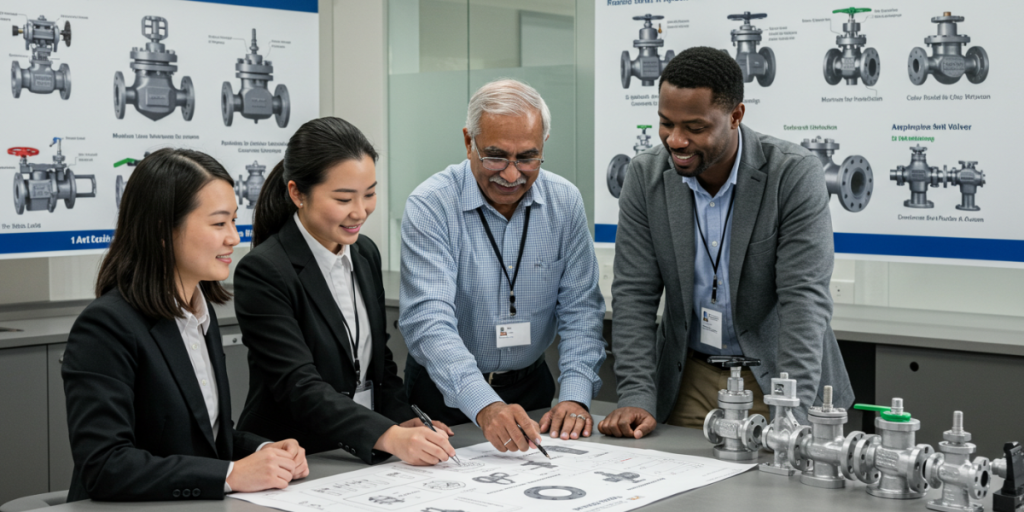 Three professionals in business attire examining a blueprint together in a collaborative setting.