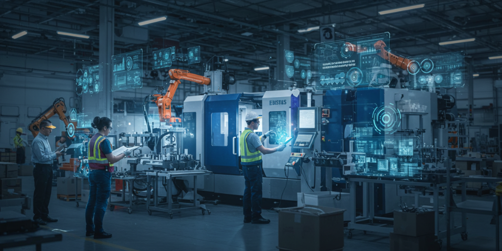 A futuristic manufacturing facility with advanced robotics and automation technology in action.