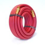 50-foot red air hose with 3/8" brass NPTF male fittings and 200 PSI rating