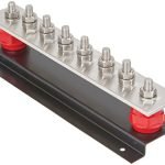 Image of tinned copper earth bar with 16 connections, insulators, and mounting hardware