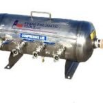 Image of Texas Pneumatic stainless steel air manifold, part number TX-2AMF-SS, showing tank and port structure