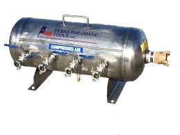 Image of Texas Pneumatic stainless steel air manifold, part number TX-2AMF-SS, showing tank and port structure