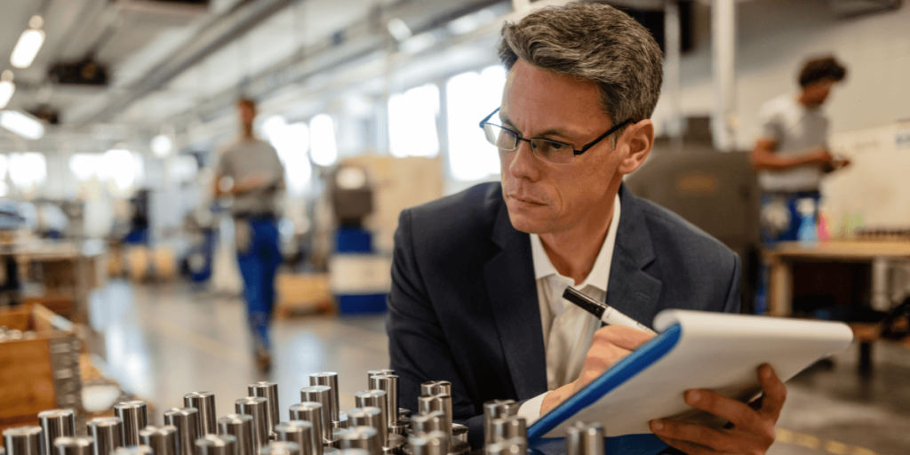 A man in a suit writes on a clipboard, focused on his task in a professional setting.
