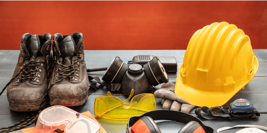 A collection of safety equipment including a hard hat, gloves, safety glasses, and additional protective items.