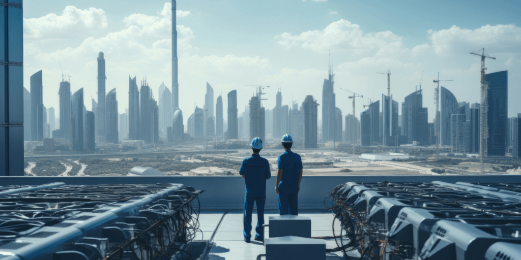 Two men stand on a rooftop, gazing at the city skyline under a clear blue sky.