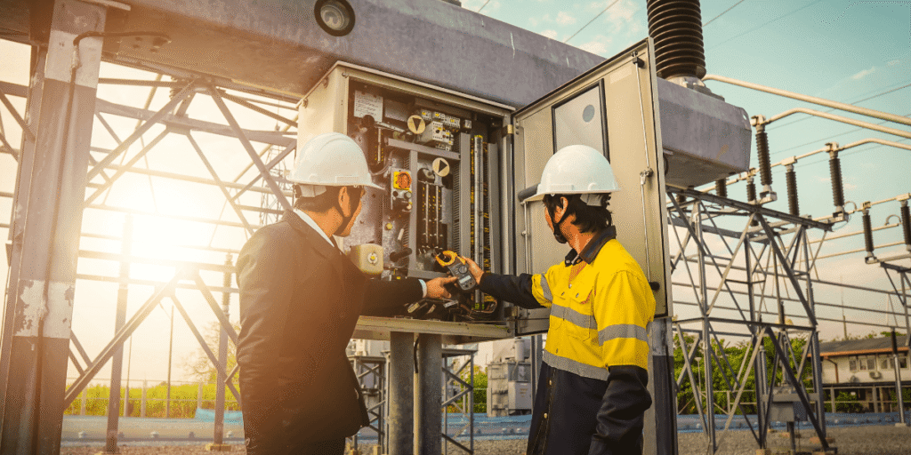  Two men in hard hats are focused on working together on an electrical panel in a construction setting.
