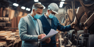 Two men in protective masks working in a factory setting, focused on their tasks amidst machinery and equipment.