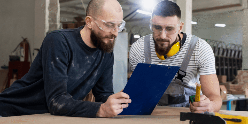 Two men in work clothes examine a blue folder, discussing its contents with focused expressions.