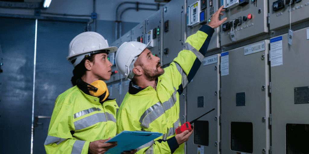 Two individuals in safety gear examining a control panel, focused on their task in a work environment.