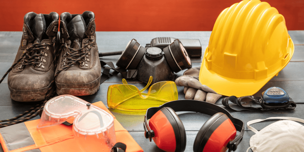 A collection of safety equipment: hard hat, gloves, safety glasses, and boots arranged on a surface.