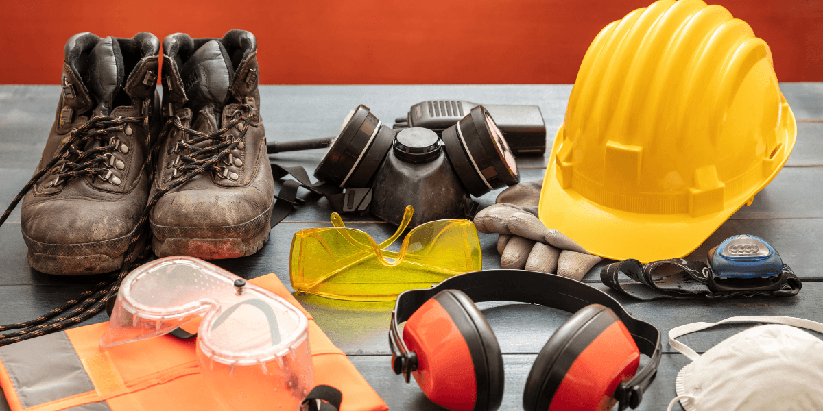 A collection of safety equipment: hard hat, gloves, safety glasses, and boots arranged on a surface.