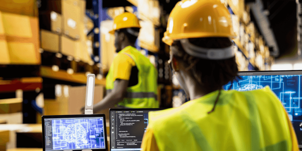 Two workers in hard hats focused on their computers in a construction site setting.