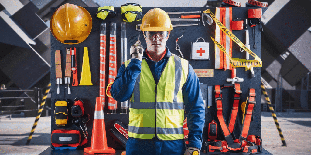 A man wearing a safety vest and hard hat stands in front of a large pile of tools, ready for a construction project.