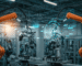 A row of industrial robots working on an assembly line in a factory setting, showcasing automation in manufacturing.