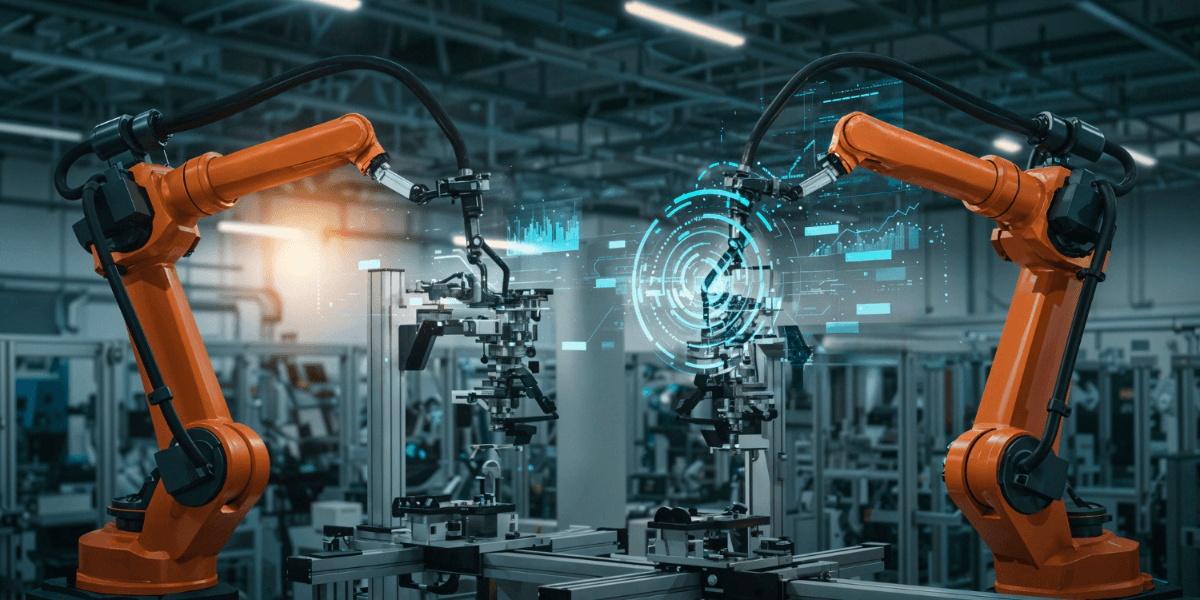 A row of industrial robots working on an assembly line in a factory setting, showcasing automation in manufacturing.