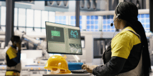 A woman wearing a yellow shirt and hard hat is focused on her work at a computer.