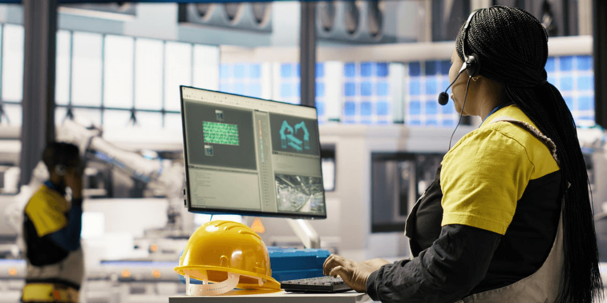 A woman wearing a yellow shirt and hard hat is focused on her work at a computer.