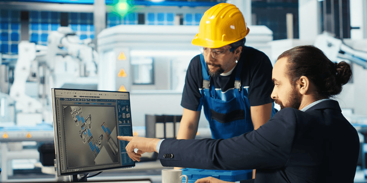 Two men wearing blue hard hats collaborate on a computer, focused on their work in a construction or engineering setting.
