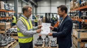 Two men in a warehouse proudly display a certificate, smiling at the camera.