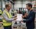 Two men in a warehouse proudly display a certificate, smiling at the camera.