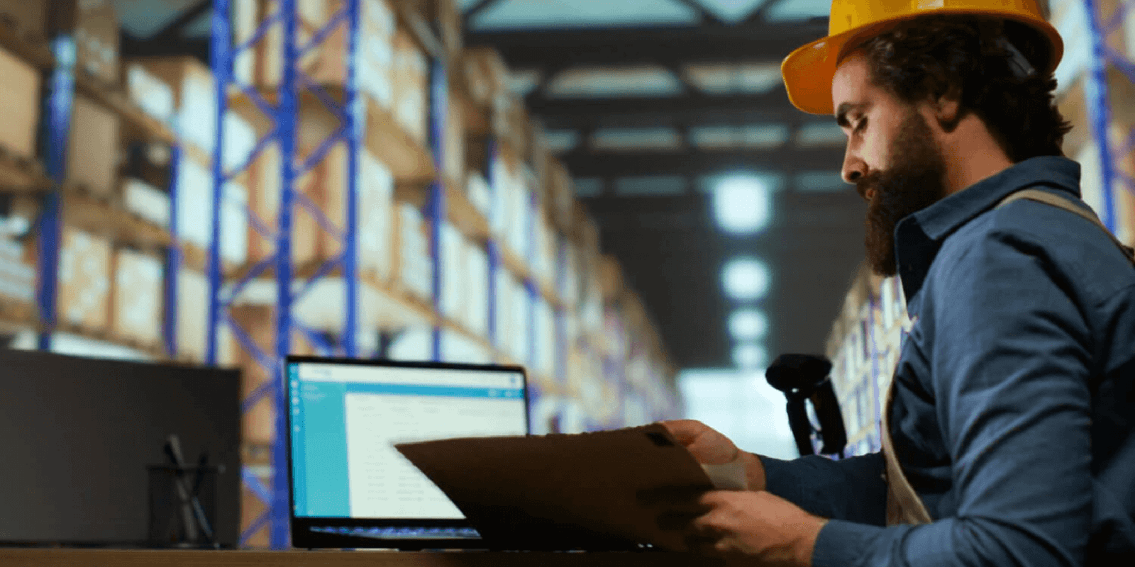 A man wearing a hard hat sits at a table, focused on his laptop, indicating a work-related environment.